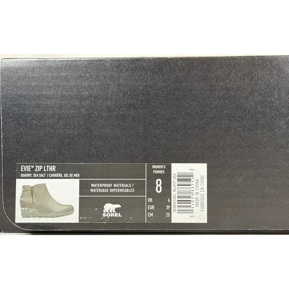 Sorel Evie Zip Bootie‎ Wedge Womens 8 Waterproof Grey Leather Quarry Sea Salt